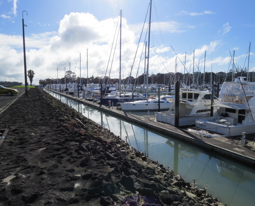 Image showing the rocky shoreline across the water from Pine Harbour Marina, with boats docked in the background.